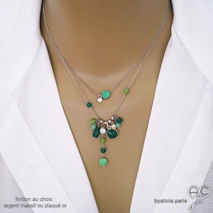collier vert femme en pierre naturelle agate verte et argent 925 fait main