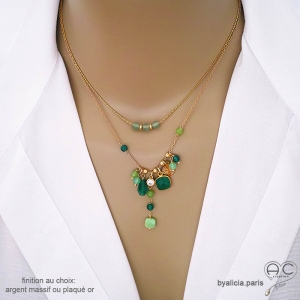 collier vert femme en pierre naturelle agate verte et plaqué or fait main en France