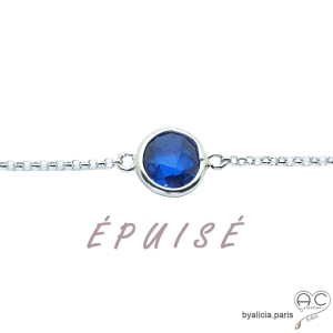 Bracelet fin avec pierre bleue et chaîne en argent massif rhodié