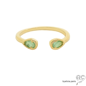 Bague fine, pierres vertes, anneau ouvert en plaqué or 3MIC, zirconium vert clair, empilable, femme