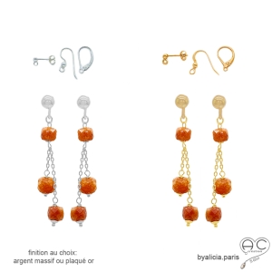 boucles d'oreilles oranges femme courtes discréte fines pierre naturelle cornaline fait sur mesure en France