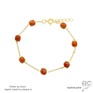 bracelet chaîne fine plaqué or avec pierre semi-précieuse cornaline fait sur mesure à la main en France