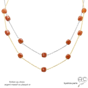 Collier, sautoir, cornaline parsemée sur une chaîne fine plaqué or ou argent, pierre semi-précieuse, création by Alicia