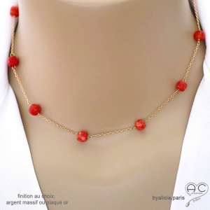collier chaîne fine plaqué or avec pierre naturelle orange cornaline fait à la main en France