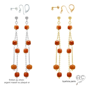 Boucles d'oreilles cornaline, plaqué or ou argent, longues, pendantes, artisanales