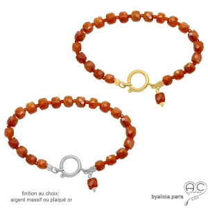 bracelet cornaline sur élastique et grand fermoir en plaqué or ou argent fait main en France