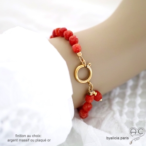 Bracelet cornaline, pierre naturelle sur élastique avec geand fermoir plaqué or ou argent