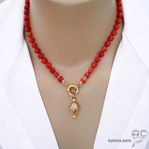 collier en pierre semi-précieuse orange cornaline avec grand fermoir bouée plaqué or ou argent fait sur mesure