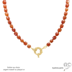Collier cornaline avec grand fermoir en plaqué or, fait main en France
