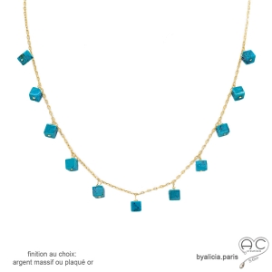 Collier turquoise d'Arizona, pampilles cubes sur une chaîne fine  plaqué or ou argent, pierre naturelle, création by Alicia