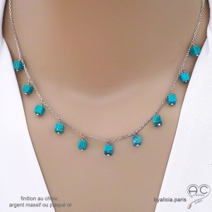 Collier turquoise d'Arizona, pampilles cubes sur une chaîne fine argent, pierre naturelle, création by Alicia