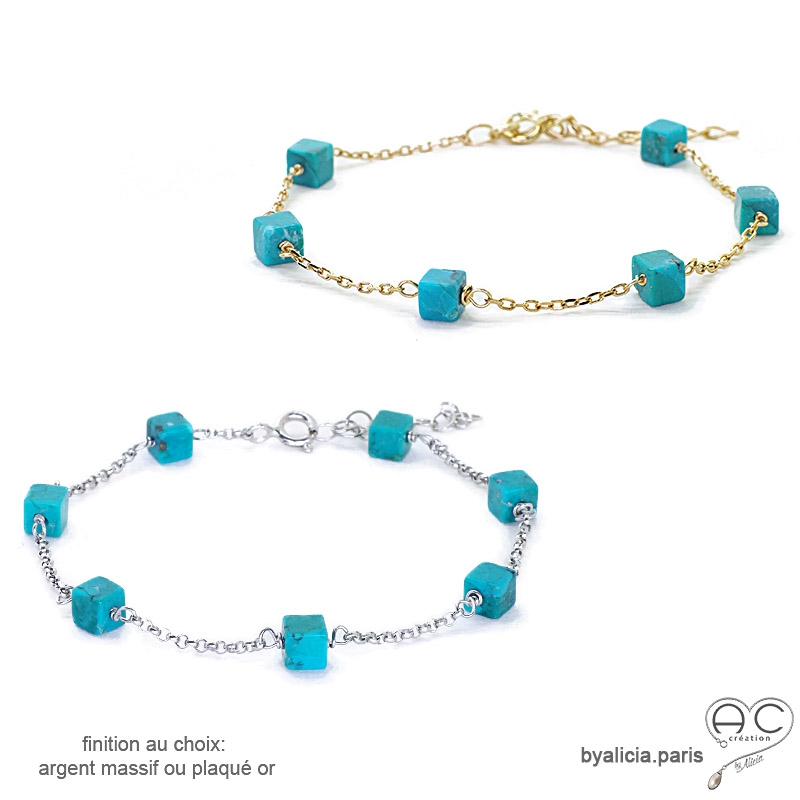 Bracelet avec turquoise d'Arizona en cube parsemée sur une chaîne fine plaqué or ou argent, pierre naturelle, création by Alicia Bracelet avec turquoise d'Arizona en cube parsemée sur une chaîne fine plaqué or ou argent, pierre naturelle, création by Alicia