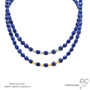 Collier en lapis-lazuli cube, pierre semi-précieuse bleue et plaqué or ou argent, création by Alicia