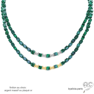 Collier en malachite cube, pierre semi-précieuse verte et plaqué or ou argent, création by Alicia