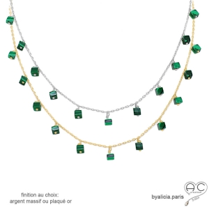 Collier avec malachite, pampilles cubes sur une chaîne fine en plaqué or ou argent, pierre naturelle verte, création by Alicia
