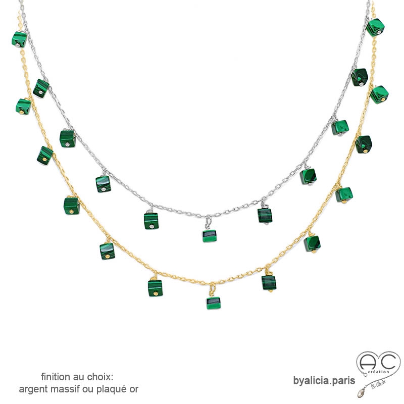 Collier avec malachite, pampilles cubes sur une chaîne fine en plaqué or ou argent, pierre naturelle verte, création by Alicia