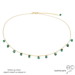 collier pampilles malachite et plaqué or pierre naturelle verte fait main en France