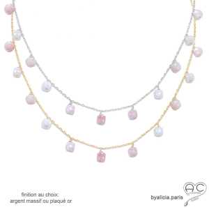 Collier opale rose, pampilles cubes facettées sur une chaîne fine en plaqué or  ou argent, création by Alicia