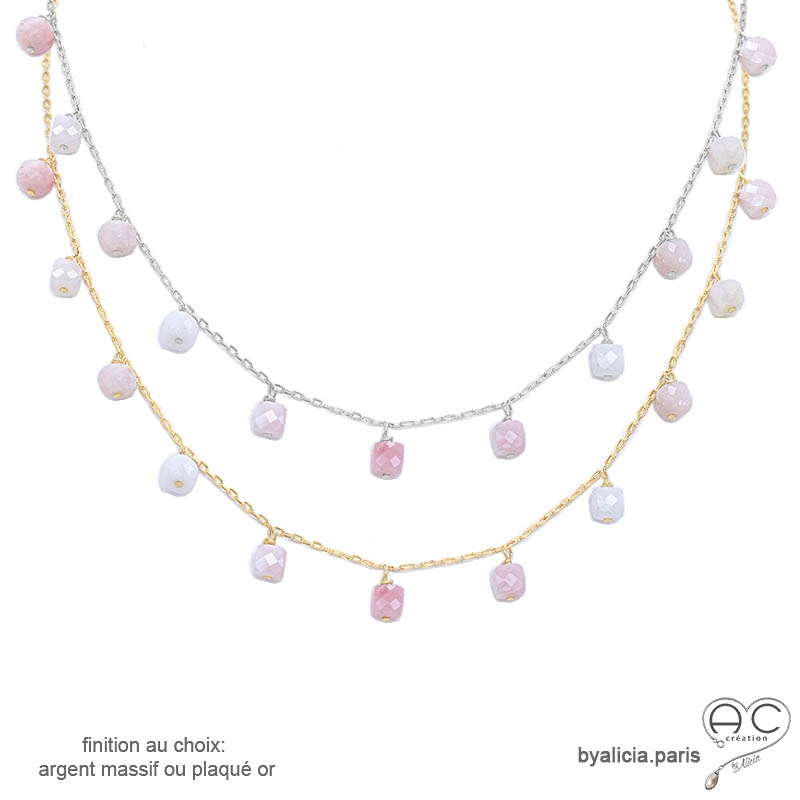 Collier opale rose, pampilles cubes facettées sur une chaîne fine en plaqué or ou argent, création by Alicia Collier opale rose, pampilles cubes facettées sur une chaîne fine en plaqué or ou argent, création by Alicia