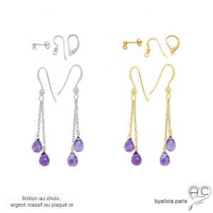 boucles d'oreilles améthyste plaqué or ou argent massif fait main en France