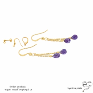 boucles d'oreilles plaqué or et améthyste pierre naturelle violet