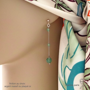 boucles d'oreilles vertes femme en pierre naturelle aventurine, argent massif, fait sur mesure en France