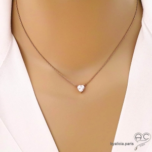 Collier solitaire coeur en zirconium brillant, plaqué or, ras du cou, femme