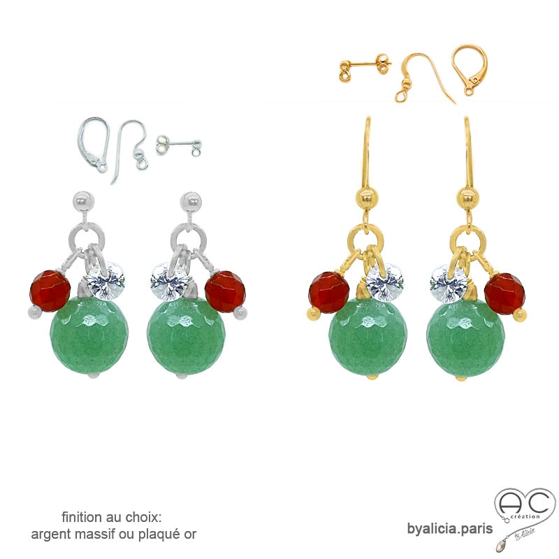 Boucles d’oreilles aventurine verte et cornaline rouge en argent et plaqué or byalicia.paris Boucles d’oreilles aventurine verte et cornaline rouge en argent et plaqué or byalicia.paris