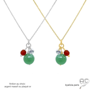 Collier aventurine, cornaline et cristal, finition argent massif ou plaqué or,  fait main, création by Alicia