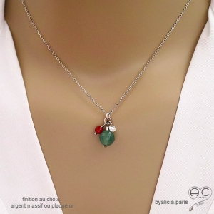 collier artisanal en aventurine et cornaline, finition argent massif, créateur français
