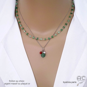 collier femme argent massif et pierre naturelle verte aventurine fait main en France