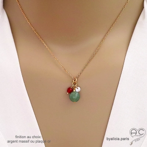 collier artisanal en aventurine et cornaline, finition plaqué or, créateur français