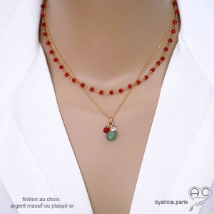 collier femme plaqué or et pierre naturelle verte aventurine fait main en France