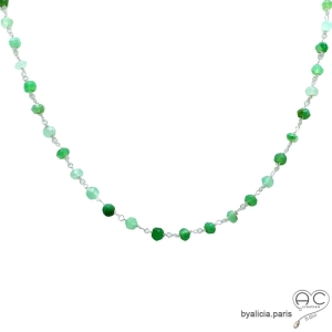 collier argent et aventurine, pierre naturelle verte, fait main en France