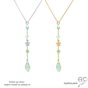Collier cravate en préhnite et étoile dorée ou argent, bijou femme élégant fait main, création by Alicia