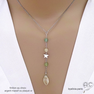 Collier cravate en préhnite et étoile argent massif, bijou femme pierre naturelle verte fait main en France