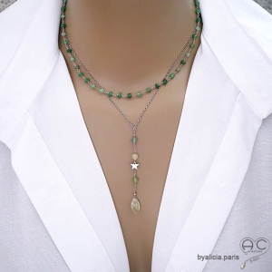 Collier pendentif long en préhnite et étoile argent massif création by Alicia Paris