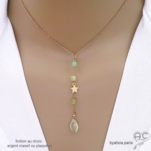 Collier cravate en préhnite et étoile plaqué or, bijou femme pierre naturelle verte fait main en France