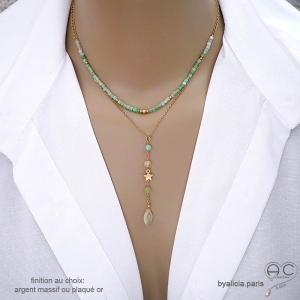 Collier pendentif long en préhnite et étoile plaqué or création by Alicia Paris