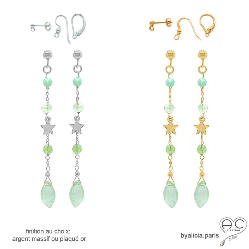 Boucles d'oreilles en préhnite et étoile plaqué or ou argent, fait main, création by Alicia Boucles d'oreilles en préhnite et étoile plaqué or ou argent, fait main, création by Alicia