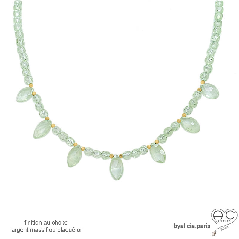 Collier préhnite, pampilles gouttes, pierre semi-précieuse, ras de cou fin, fait main, création by Alicia
