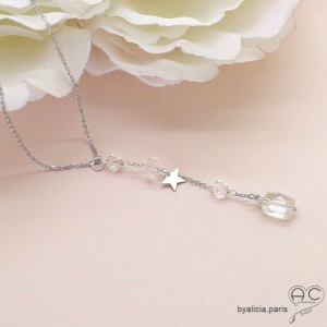 Collier cravate en cristal de roche et étoile argent, bijou femme élégant fait main, création by Alicia