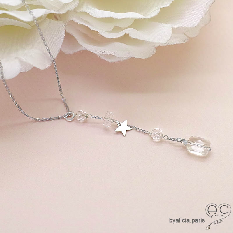 Collier cravate en cristal de roche et étoile argent, bijou femme élégant fait main, création by Alicia