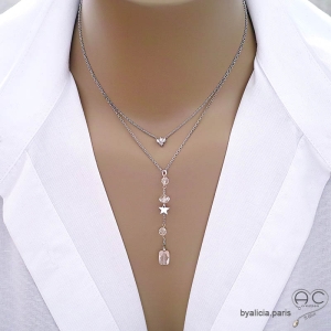 Collier pendentif long en cristal de roche et étoile argent massif création by Alicia Paris