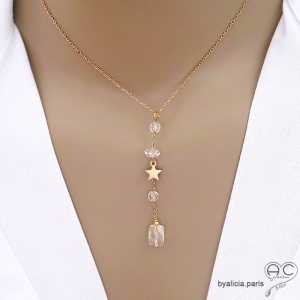 Collier cravate en cristal de roche et étoile plaqué or, bijou femme élégant fait main, création by Alicia