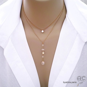 Collier pendentif long en cristal de roche et étoile dorée création by Alicia Paris