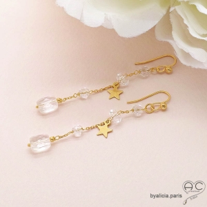 Boucles d'oreilles en cristal de roche et étoile plaqué or, fait main, création by Alicia