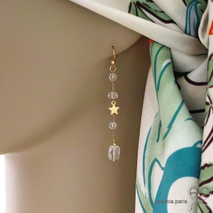 Boucles d'oreilles cristal de roche et étoile plaqué or, bijoux femme pierre naturelle fait main en France