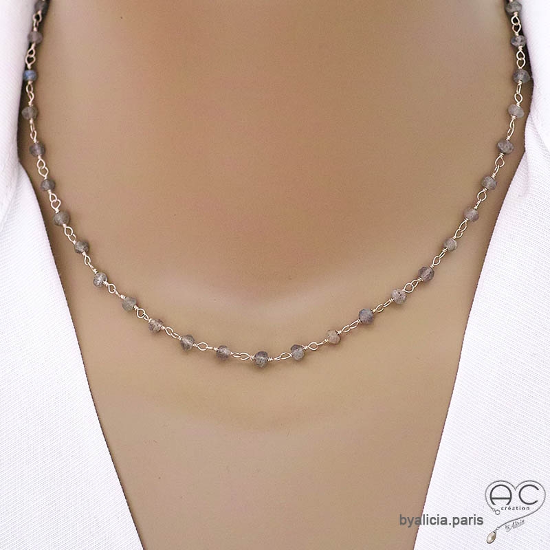Collier fin avec labradorite sur une chaîne en argent 925, ras de cou, création by Alicia