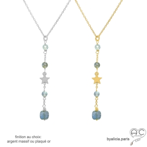 Collier cravate en labradorite et étoile plaqué or ou argent, bijou femme élégant fait main, création by Alicia